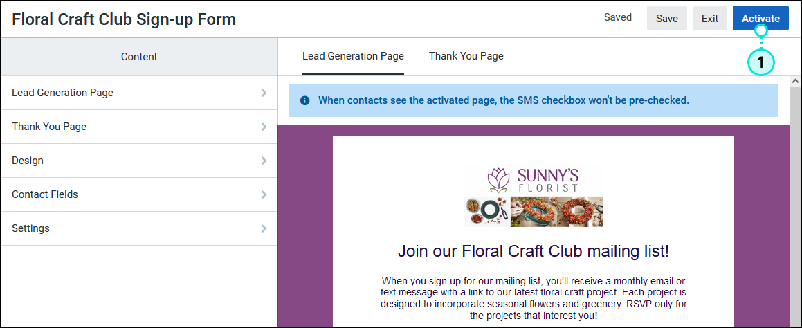 Lead Generation Landing Page Content Menu and Activate button