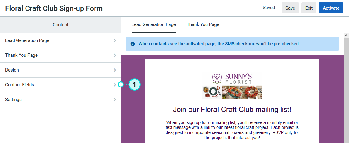 Lead Generation Landing Page Content menu and Contact Fields option