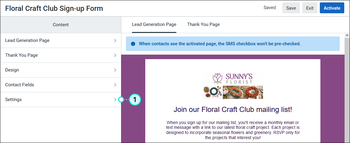 Lead Generationt Landing Page Content menu and Settings option