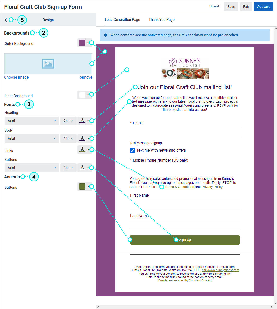 Outer and Inner Background Options, Headline, Body, and Button Font Options, Button Color Option, and Back Arrow