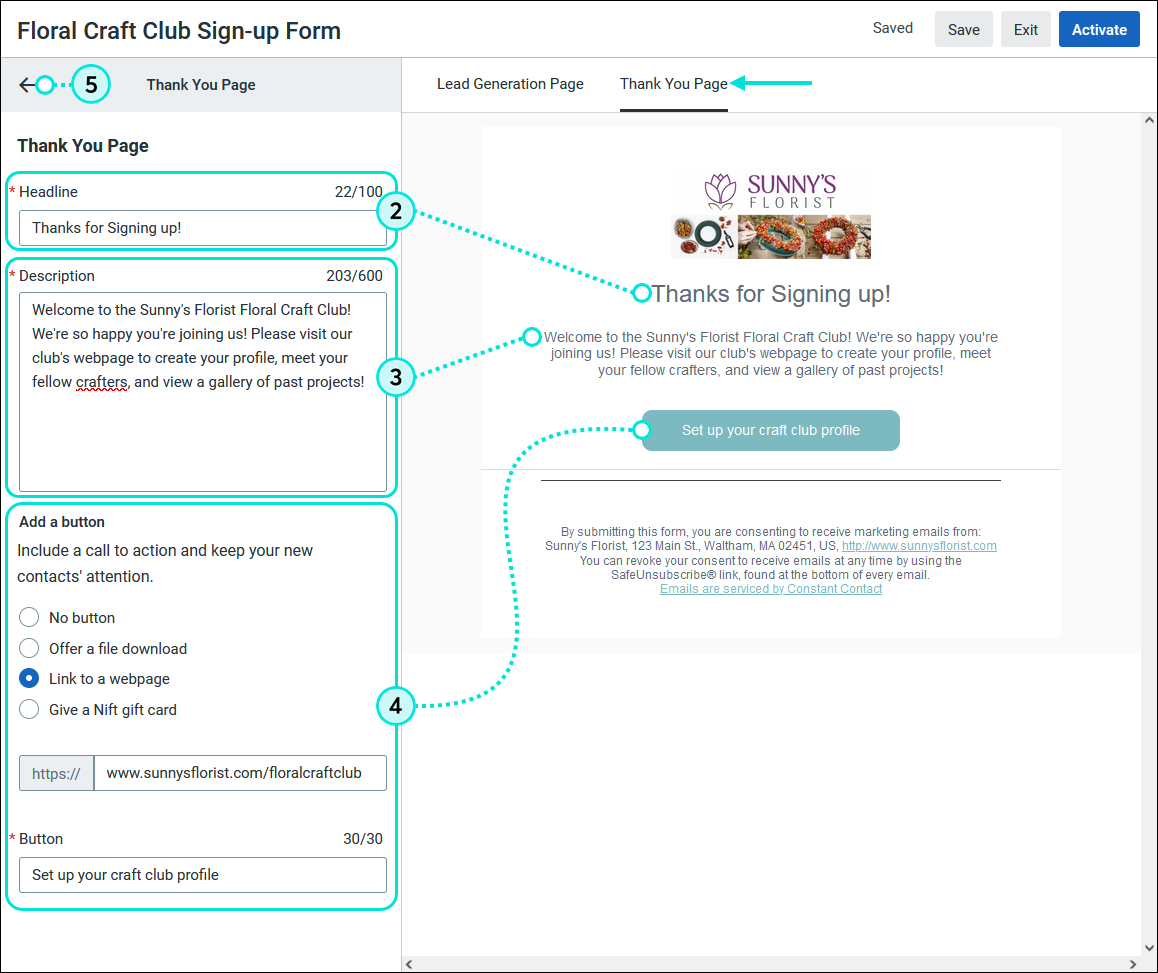 Lead Generation Landing Page Thank You Page tab, Headline and Description fields, Add a button options, and Back button