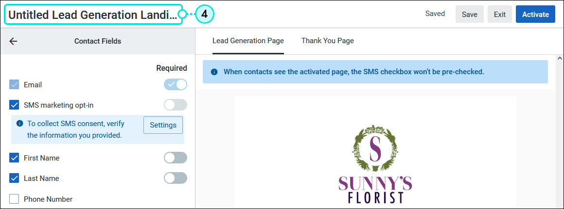Lead Generation Landing Page editor and name field with untitled name