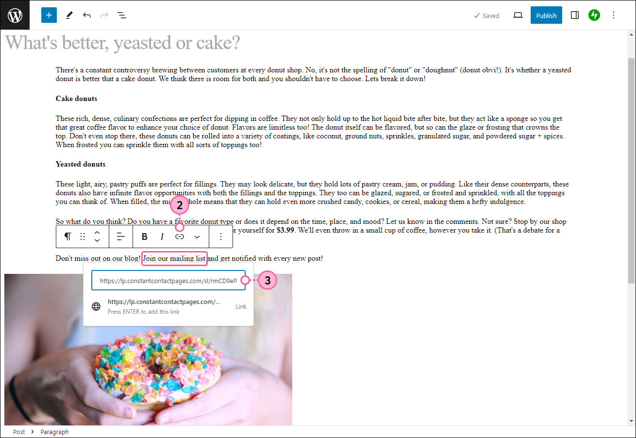Wordpress Blog page with text editor and link option selected, and insert link overlay with Sign-up Landing Page URL entered