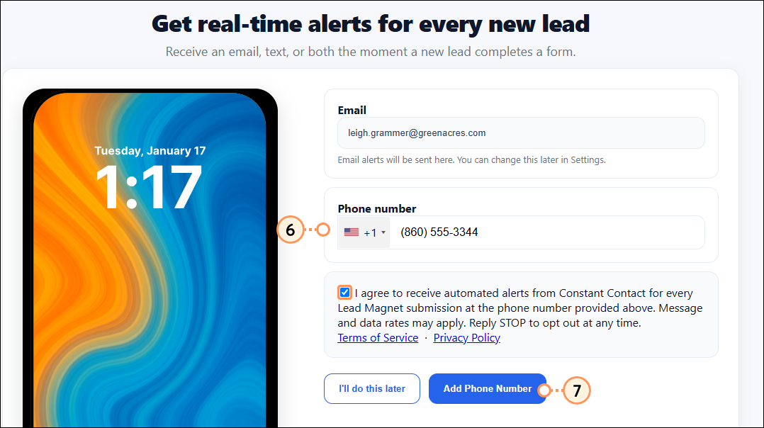 Add phone number and consent to SMS