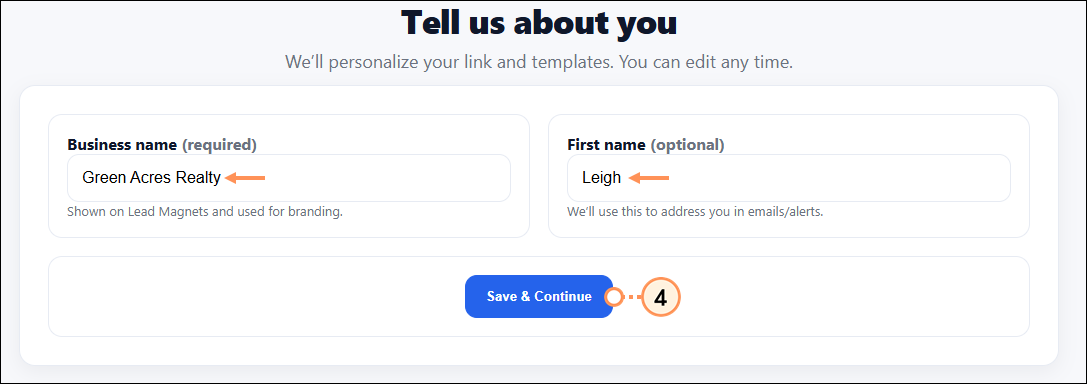 Enter Business Name and First Name