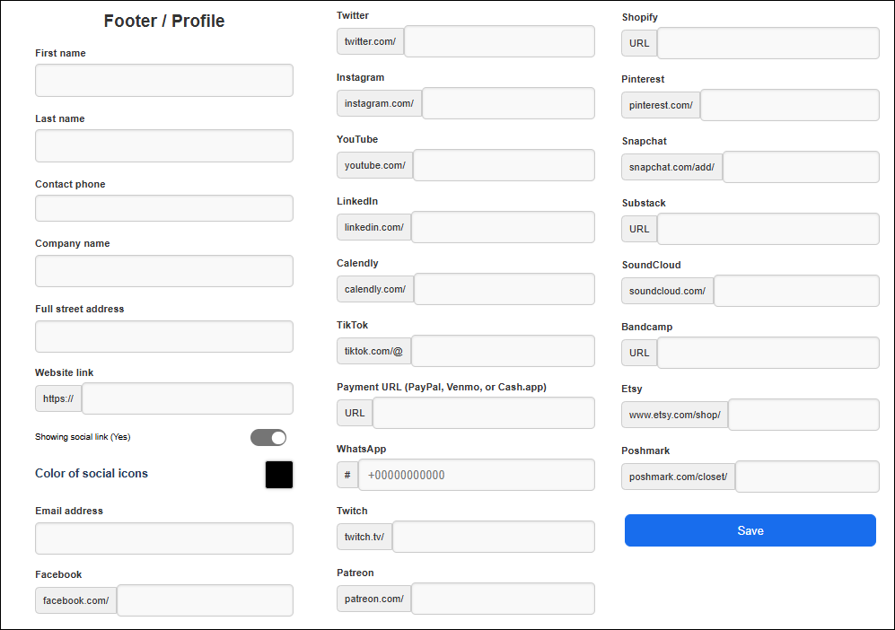 Fill out footer profile settings and save
