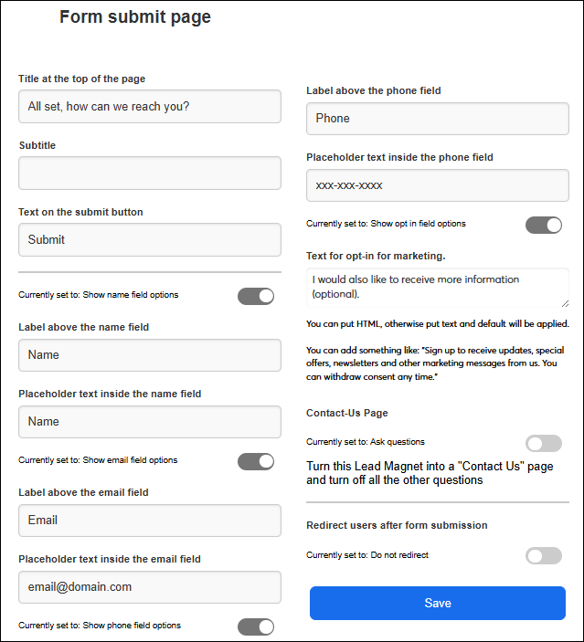 Form Submit Page Settings and Save button