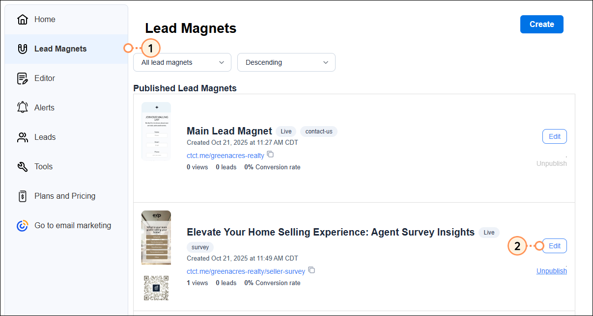 Lead Magnets page Edit button