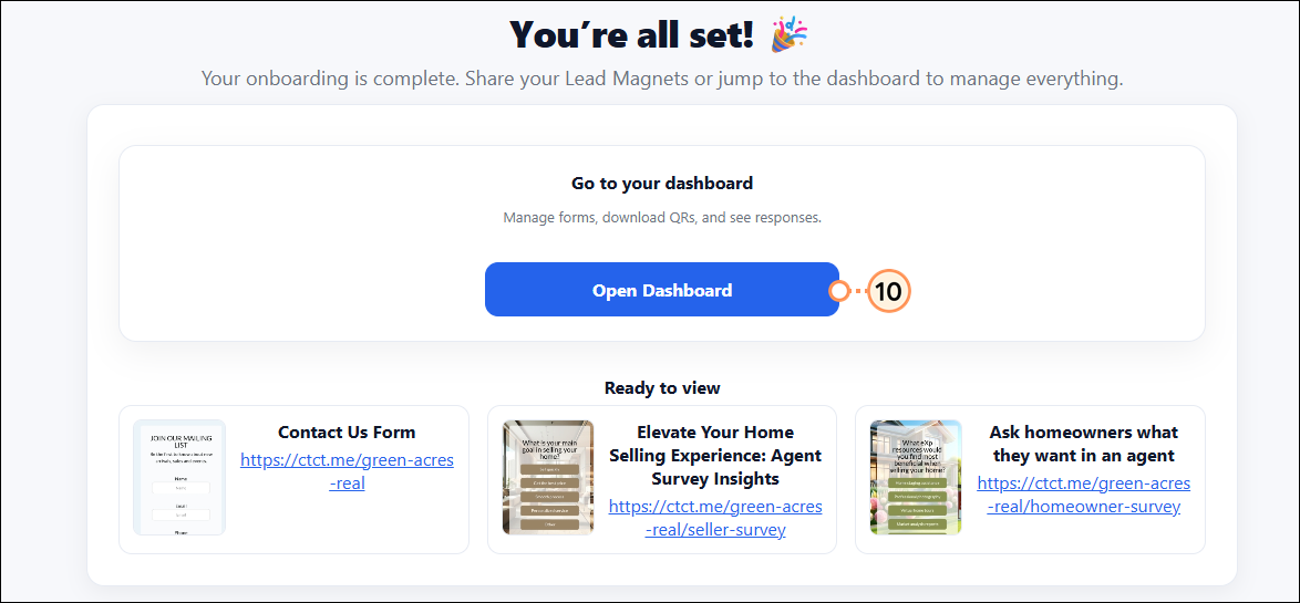 Open lead magnet dashboard
