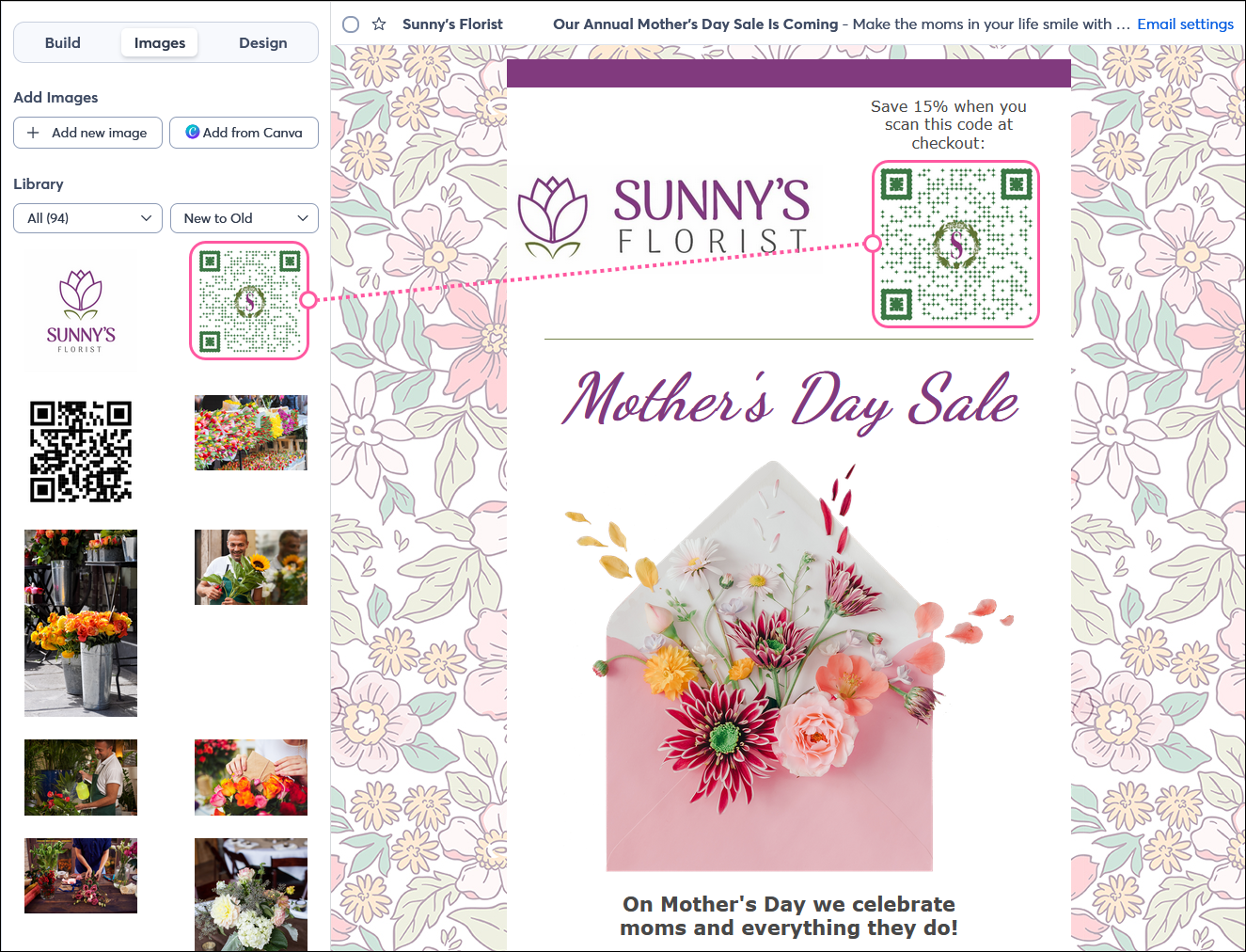 Email editor with Images tab selected and email template with QR code image