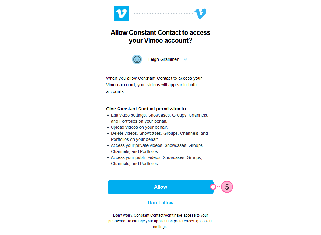 Authorize Vimeo integration for Constant Contact and Allow button