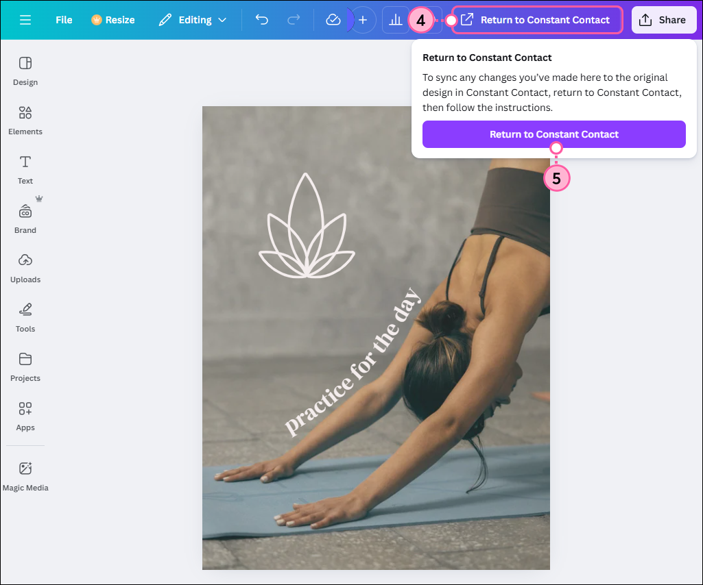 Canva editor with design created, Return to Constant Contact button and drop-down