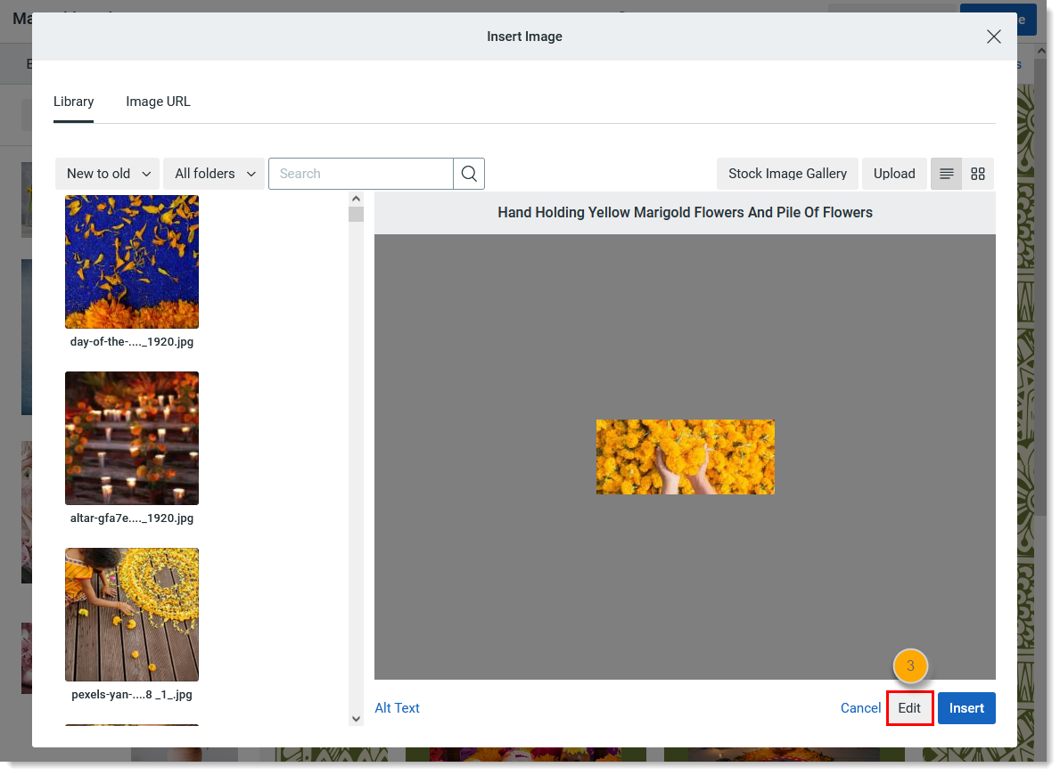 Interface d’insertion d’image avec onglet Library (Bibliothèque) sélectionné, List View (Vue liste) sélectionné et bouton Edit (Modifier)