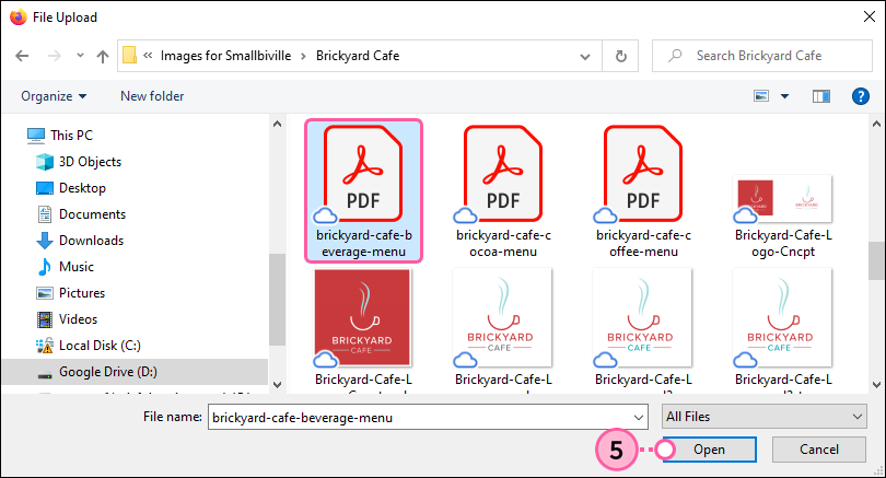 File Upload window, Document selected, and Open Button