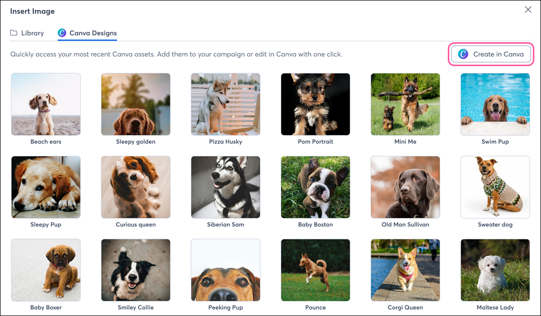 Insert image pop-up in email editor with Create in Canva button