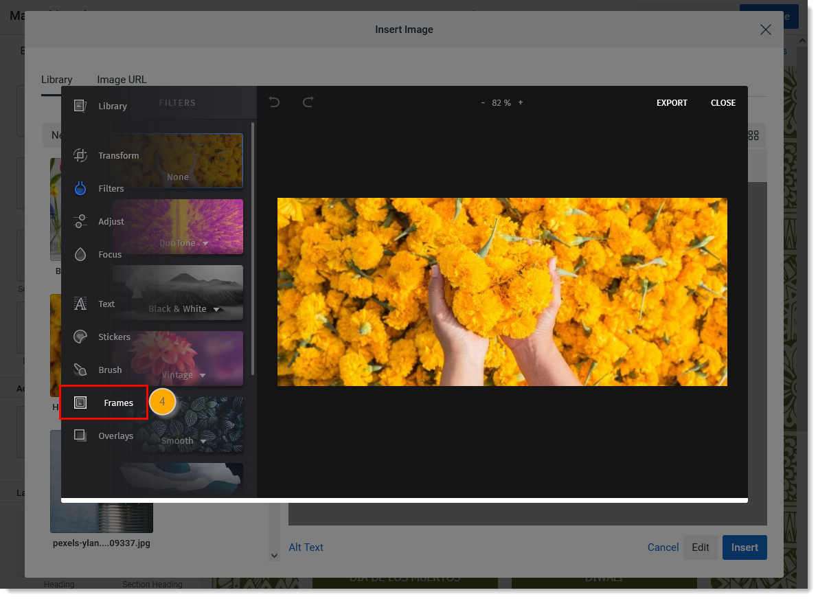 Éditeur d’image avec menu des outils ouvert et option de cadres sélectionnée