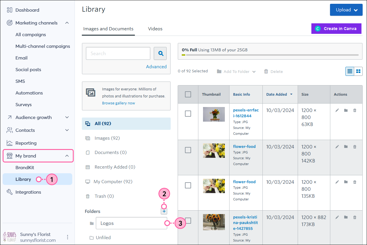 My Brand drop-down, Library option, Folders plus icon, and new folder name