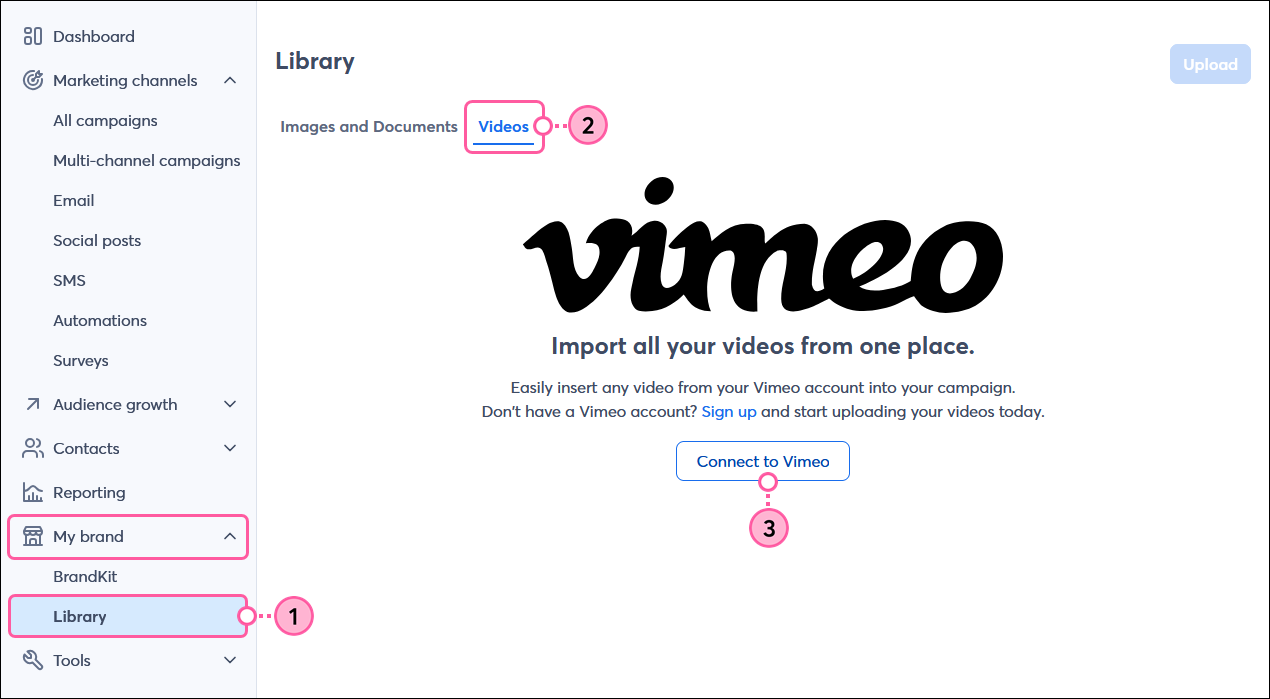 Left navigation with Library tab selected, Videos tab, and Connect to Vimeo button