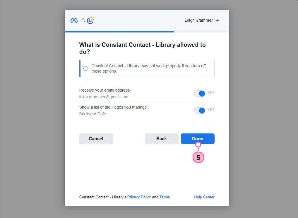 Was darf Constant Contact mit dem Pop-up-Fenster und der Schaltfläche Done (Fertig) tun?