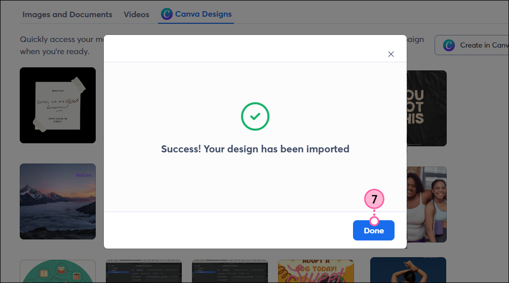 Design imported success message and Done button
