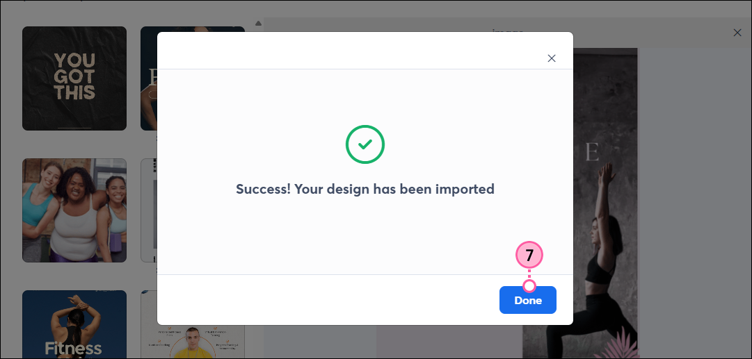 Canva design imported success message and Done button