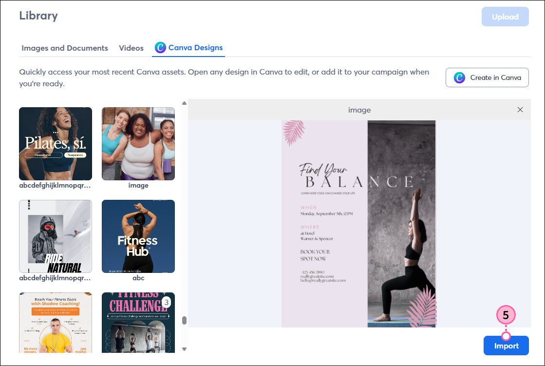 Canva design selected and Import button