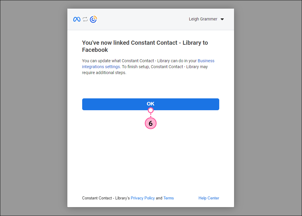 Mit Facebook verknüpfte Constant Contact-Bibliothek Bestätigung und Schaltfläche OK (O.K.)
