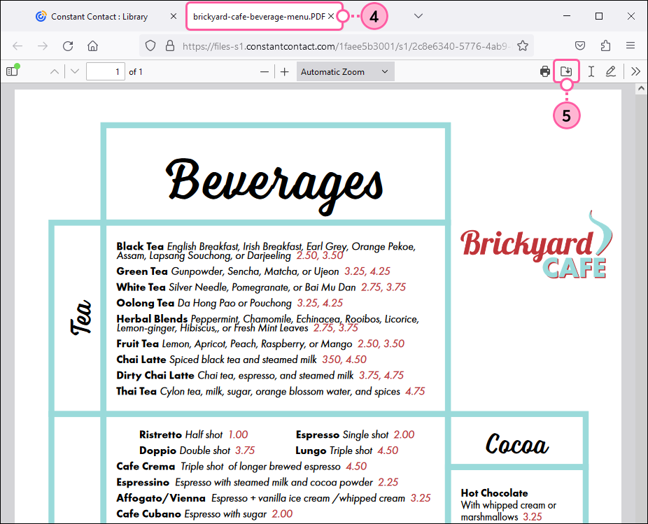 Document in new tab with Save option selected