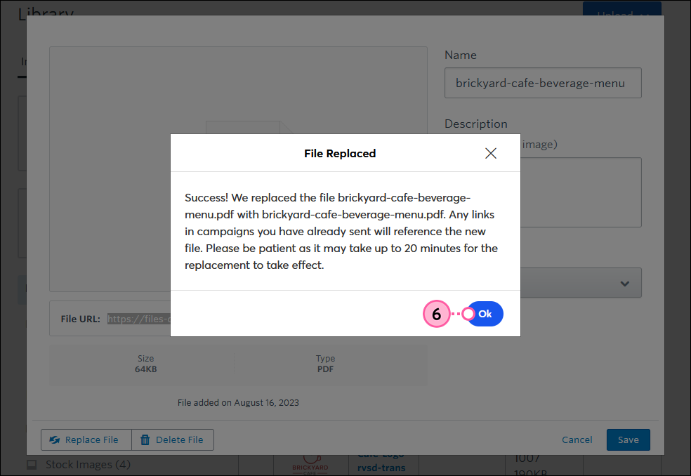 File Replaced success message and OK button