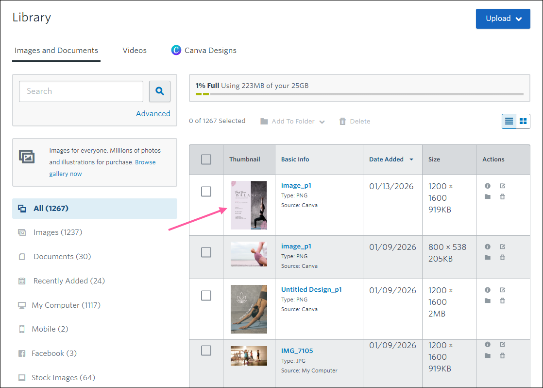 Constant Contact Library with Canva design saved on Images and Documents tab