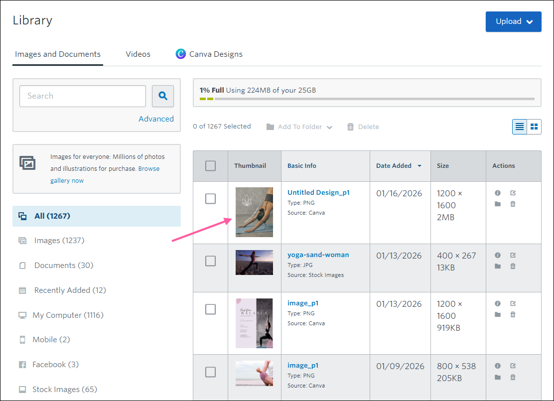 Constant Contact Library with Canva design saved on Images and Documents tab