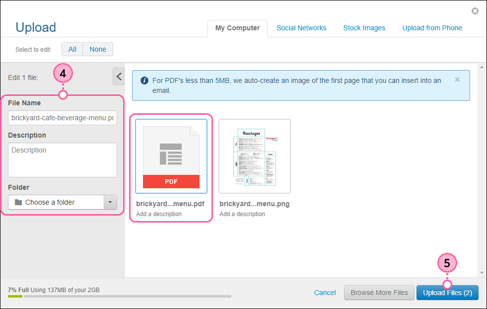 Upload overlay with PDF and PNG files, PDF document selected, file name, description, and folder options, and Upload Files button