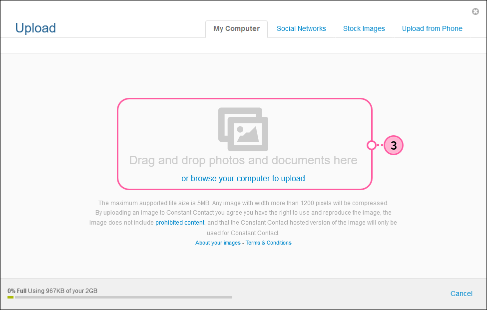 Upload overlay with My Computer tab selected, drag and drop photos and documents here instructions, and or browse your computer to upload link