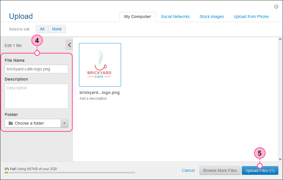 Image selected, file details, and Upload Files button