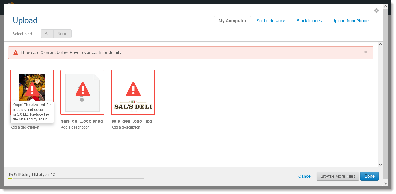 Library Upload overlay with My Computer tab selected, There are 3 errors below. Hover over each for details banner, and image hover state with image size message