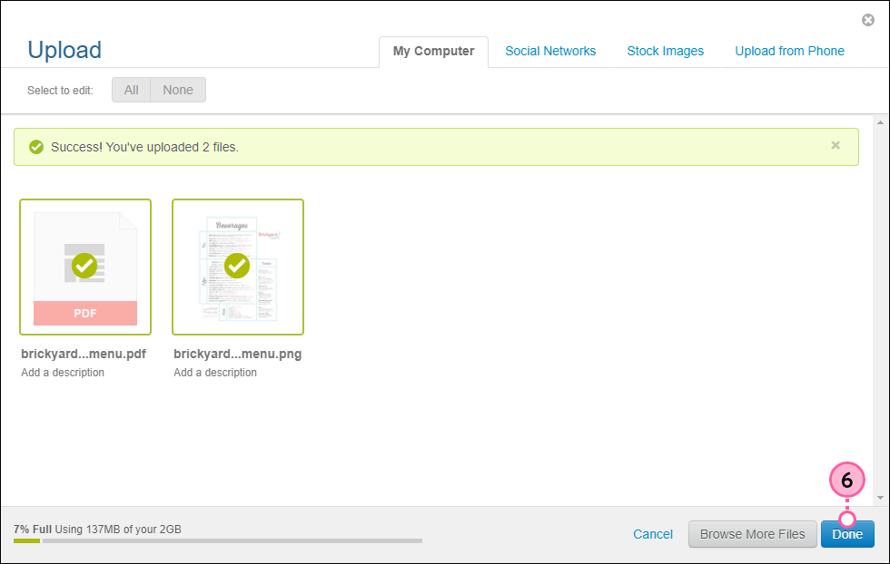 Files uploaded success message and Done button