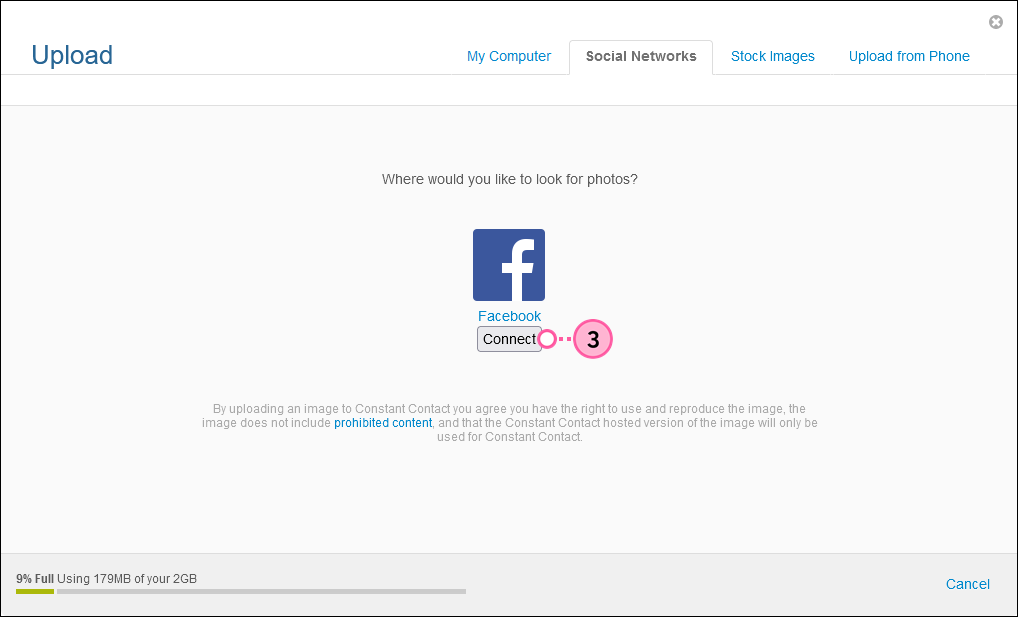 Facebook-Symbol mit Schaltfläche Connect (Verbinden)