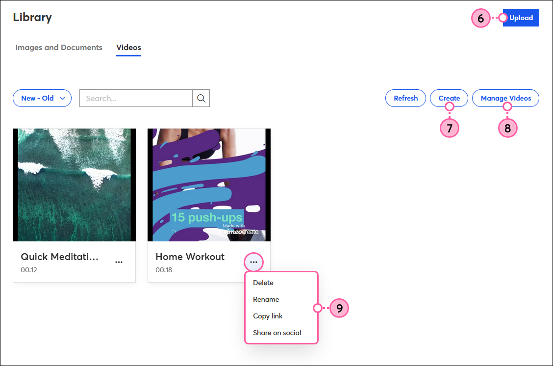 Vimeo videos displayed, Upload button, Create button, Manage Videos button, and More drop-down options