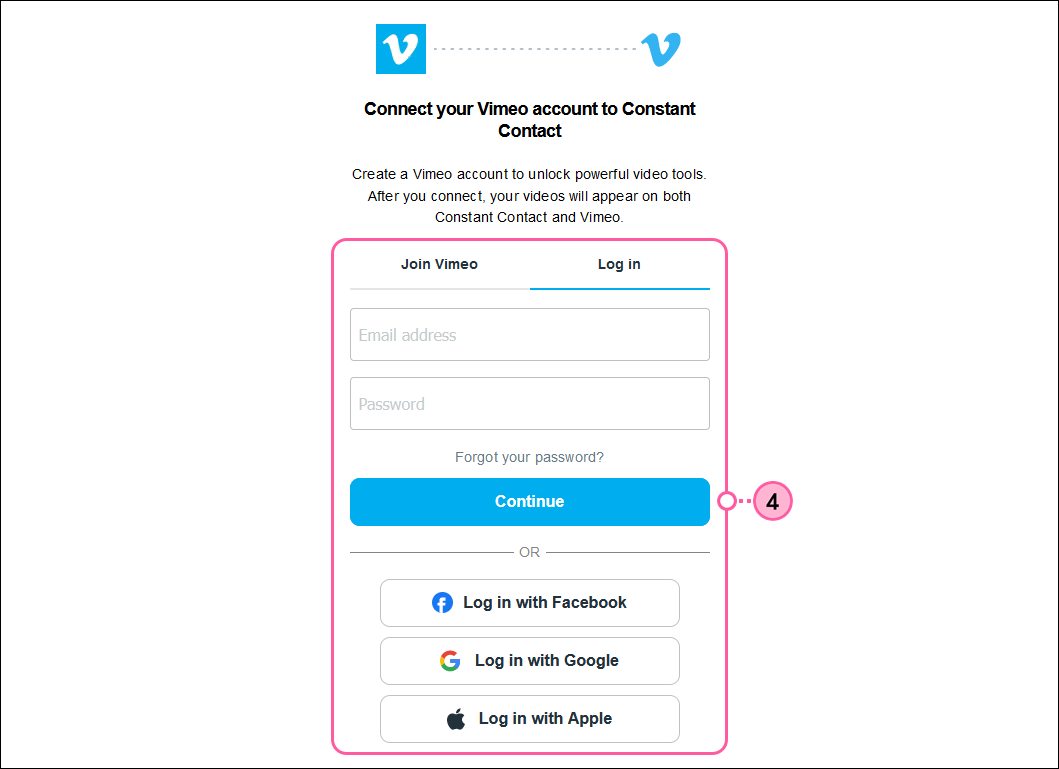 Log in to Vimeo with credentials