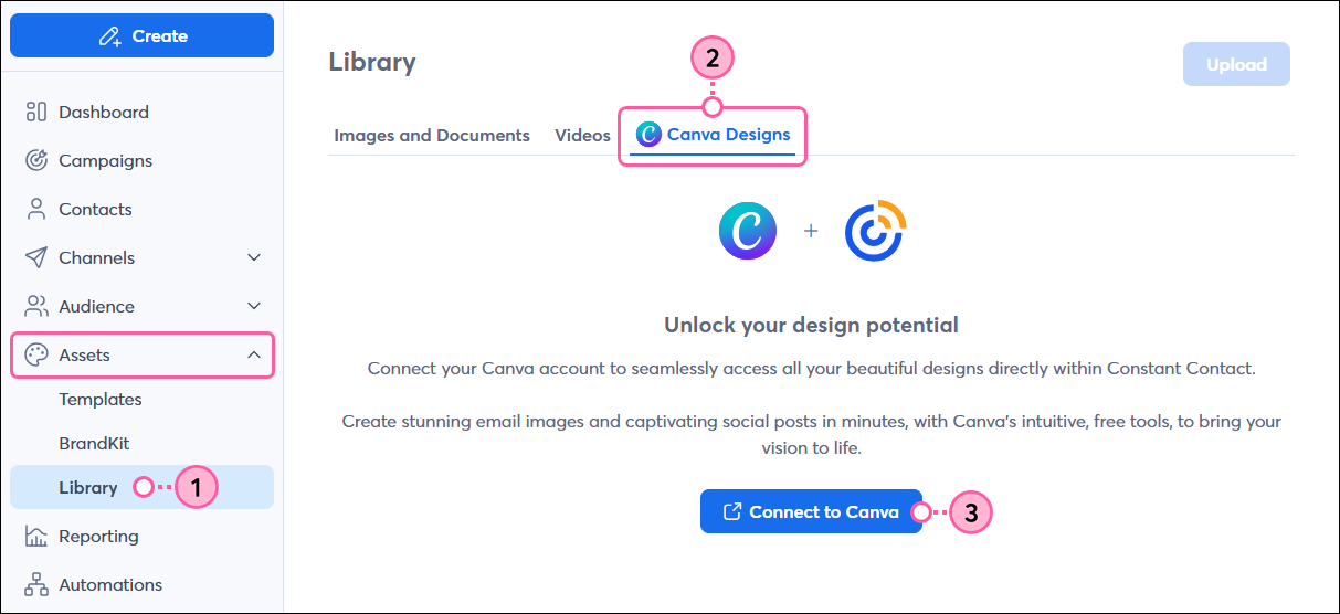 Left navigation with Library tab selected, Canva Designs tab, and Connect to Canva button