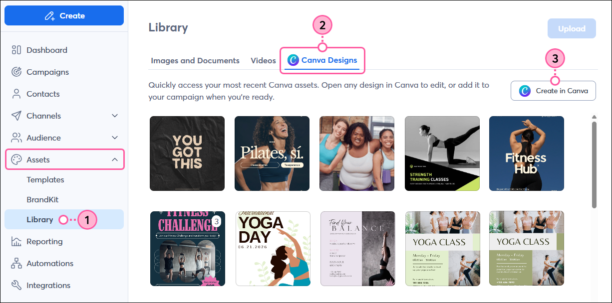 Left navigation with Library tab selected, Canva Designs tab, and Create in Canva button