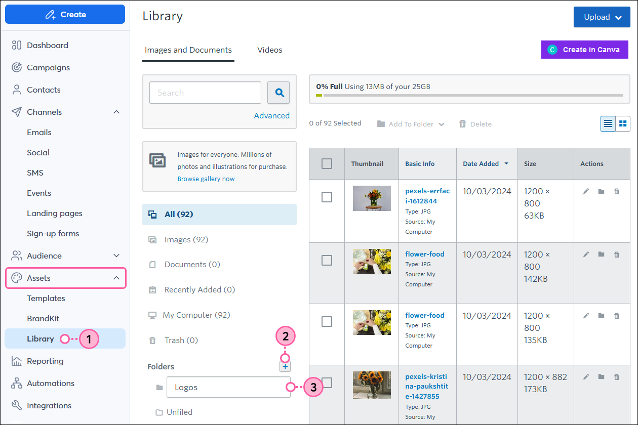 Assets drop-down, Library option, Folders plus icon, and new folder name