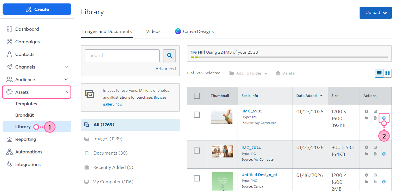Library option in left navigation and Canva icon next to image