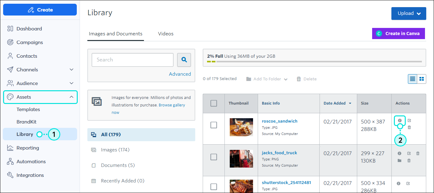Opción Library (Biblioteca) en la navegación izquierda e ícono de información junto a una imagen