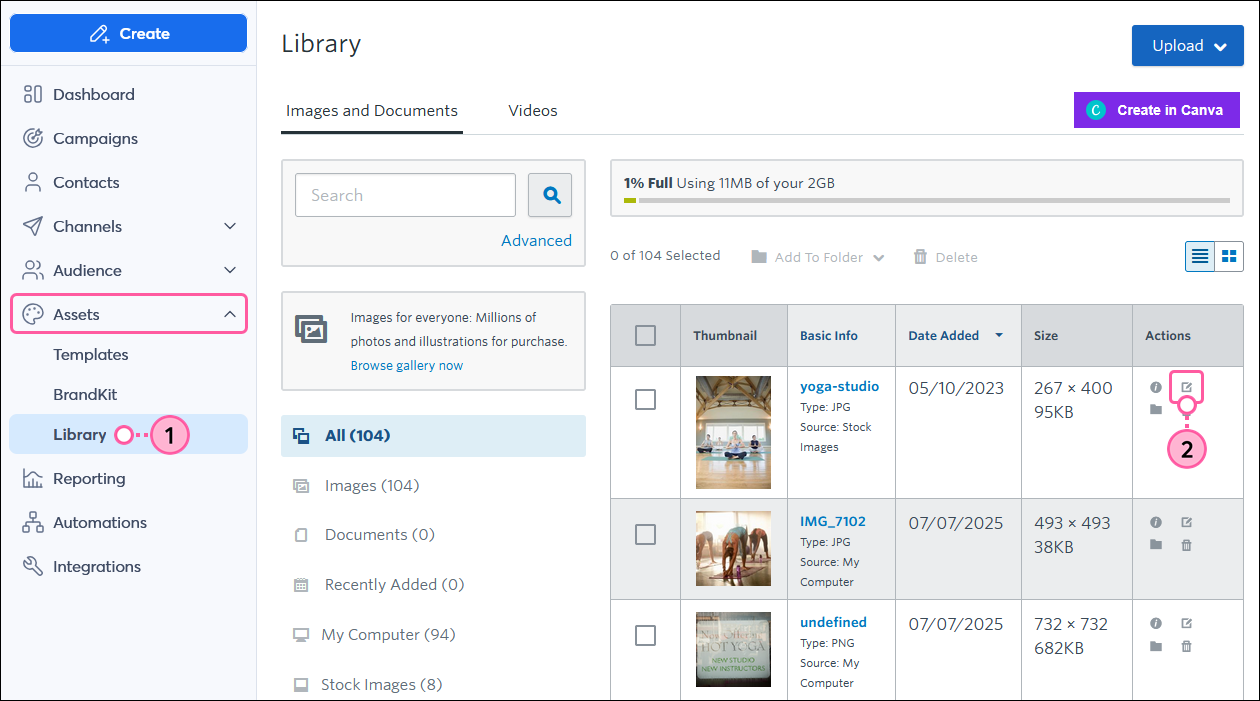 Library option in left navigation and pencil icon next to image