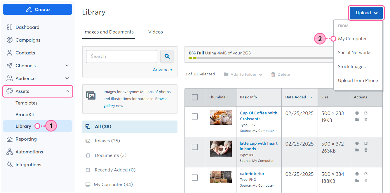 Left navigation with Library tab, Upload button, and My Computer dropdown option