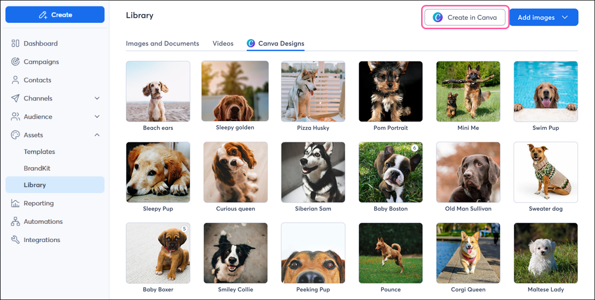 Constant Contact Library with Create in Canva button