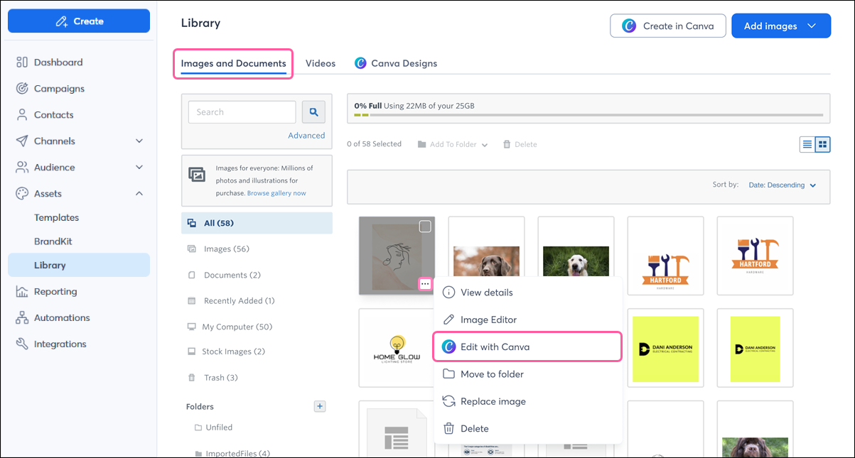 Constant Contact Library, Images and Documents tab, and image with Edit with Canva option