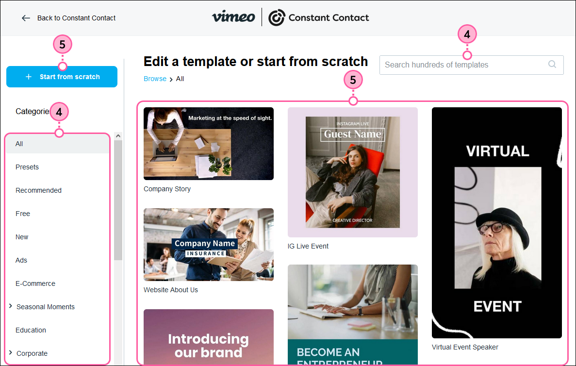 Search bar, template categories, browse templates, and Start from Scratch button