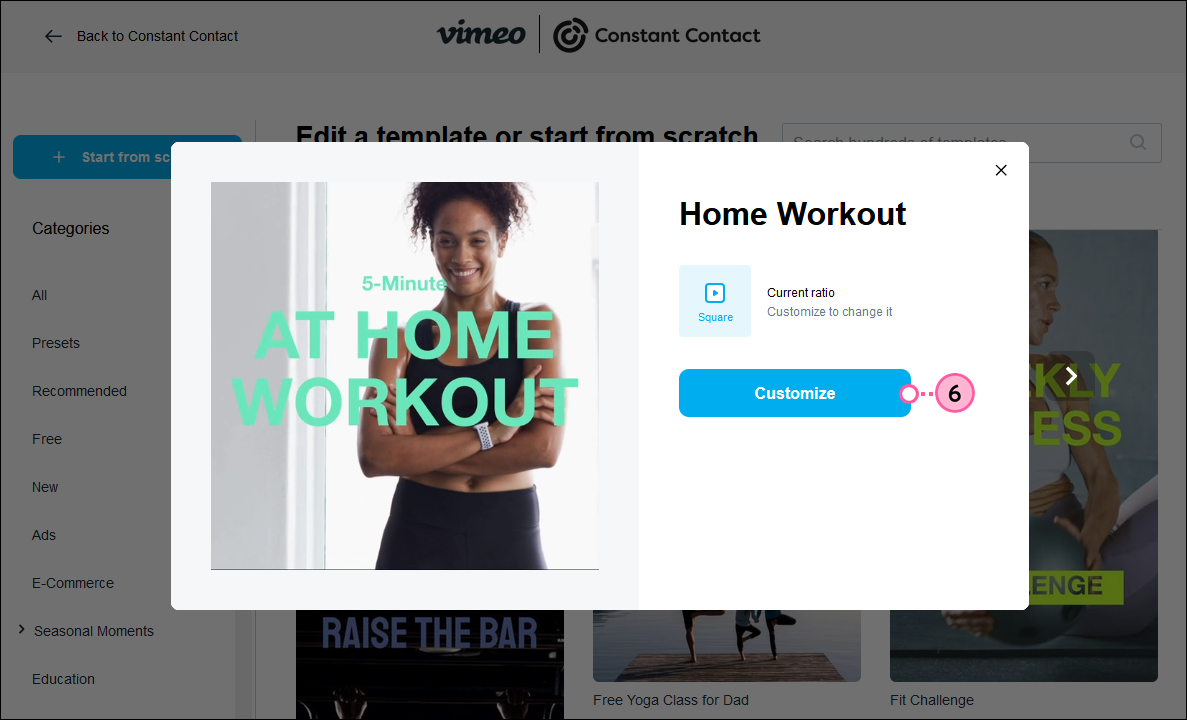 Template selected and Customize button